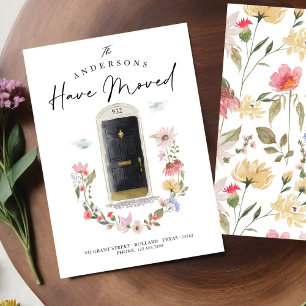 Neue Zuhause Schwarze Aquarelltür Wildblume Blüten Ankündigung