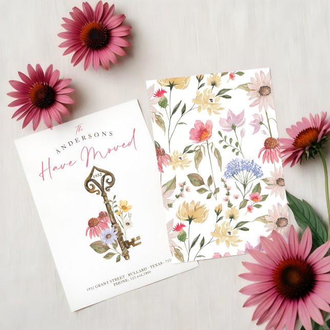 Neue Zuhause Watercolor-Wildblume Blumenmuster Vin Ankündigung (New Home Watercolor Wildflower Floral Vintage Key Announcement)