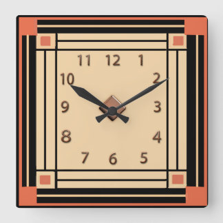 Neuer Art-Deco-Stil (Orange, Schwarz und Creme) Quadratische Wanduhr