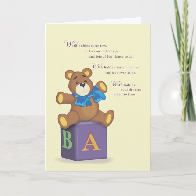 Neuer Baby Glückwunsch mit Teddy Bear auf Blocks Karte (Vorderseite)