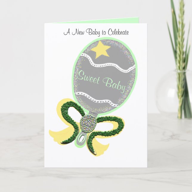 Neuer Baby gratuliert Green Yellow Rattle Karte (Vorderseite)