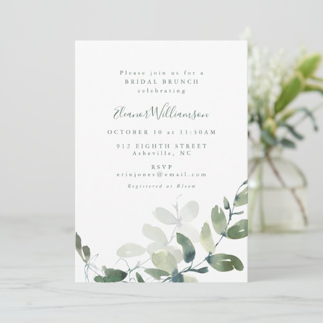Neuer Botanischer Eukalyptus Boho Bridal Brunch Einladung (Stehend Vorderseite)