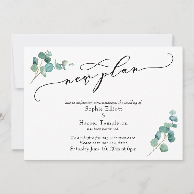 Neuer Eukalyptus-Plan Aufschiebung der Hochzeitsan Einladung (Vorderseite)