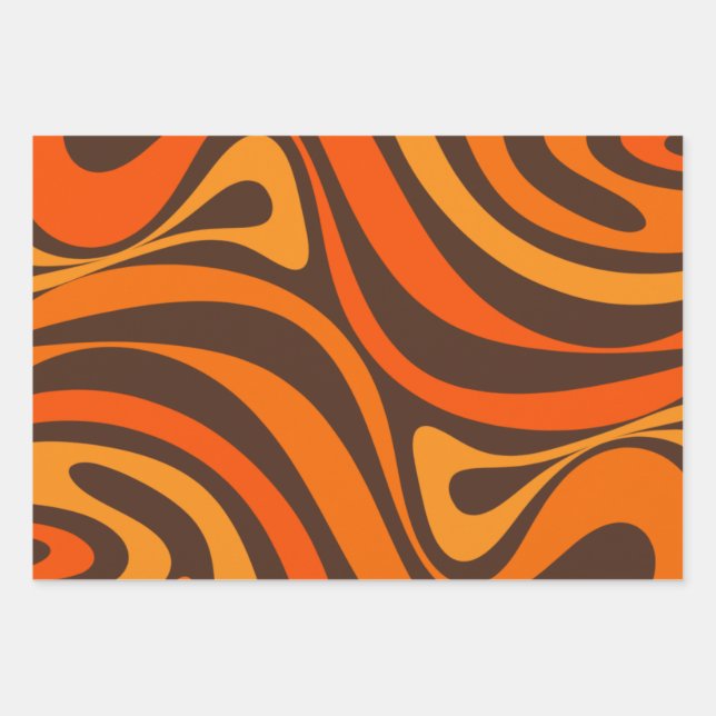 Neuer Groove Retro Swirl Abstrakter 70er Orange Br Geschenkpapier Set (Vorderseite)
