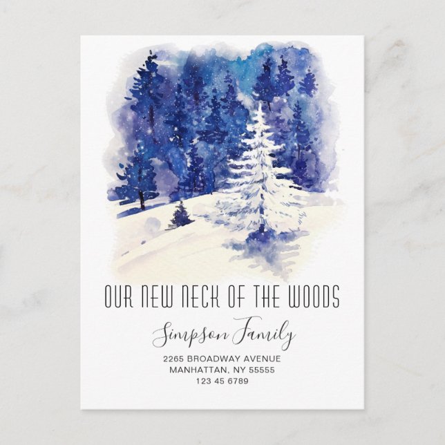 Neuer Hahn der Woods Winter Moving Ankündigung Postkarte (Vorderseite)