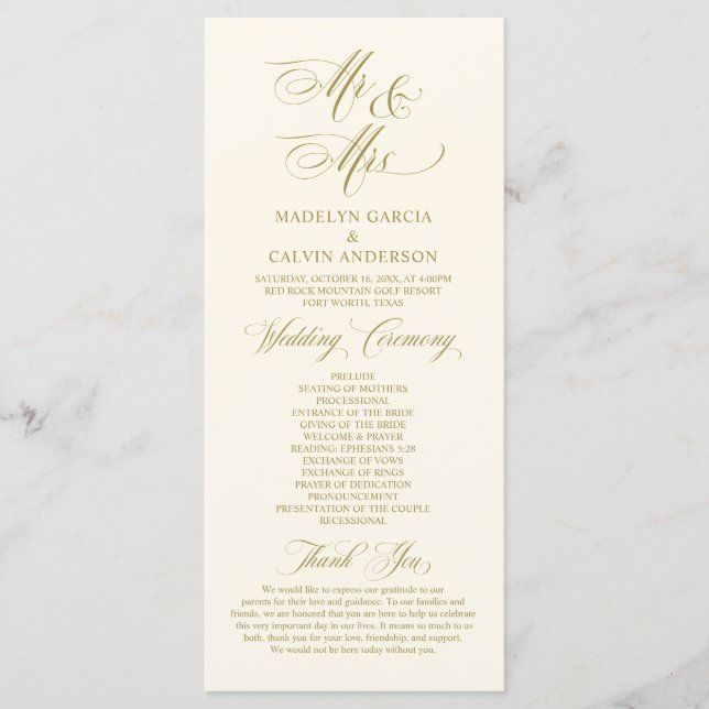 Neuer Herr und Frau, Vintages Gold, Hochzeitsfeier Programm (Vorderseite)