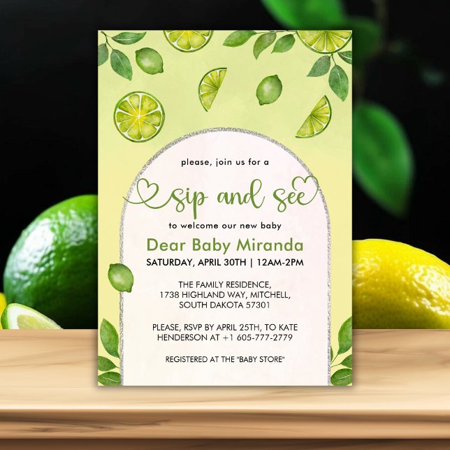 Neuer Limoner Zitrusgeschlechtsneutralsip und Sieh Einladung (Fresh Lime Citrus Gender Neutral Sip and See Invitation)