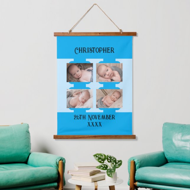 Neuer Name 4 Fotos Geburtsdatum blau Wandteppich Mit Holzrahmen (Wohnzimmer)