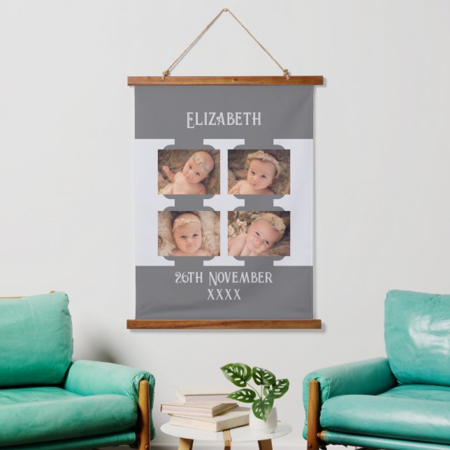 Neuer Name 4 Fotos Geburtsdatum grau Wandteppich Mit Holzrahmen (Wohnzimmer)