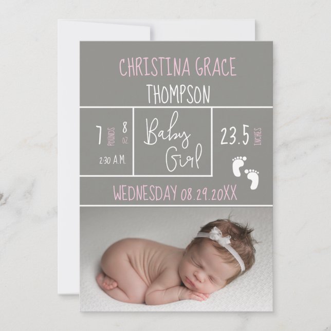 Neuer Pink Birth Stats Baby Girl Birth Ankündigung (Vorderseite)