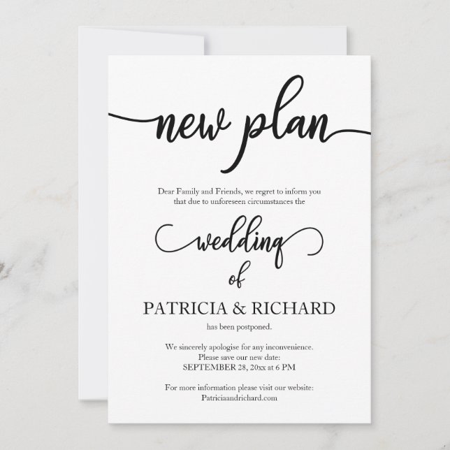 Neuer Plan für verspätete Hochzeitsankündigung Einladung (Vorderseite)