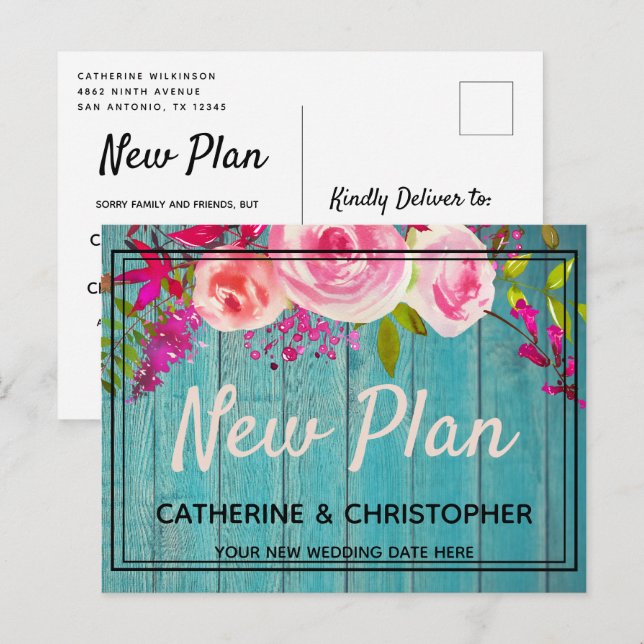 Neuer Plan Rustic Blue Wood Floral Hochzeit versch Postkarte (Vorne/Hinten)