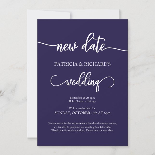 Neuer Termin verschoben Hochzeit Ankündigung Navy  (Vorderseite)