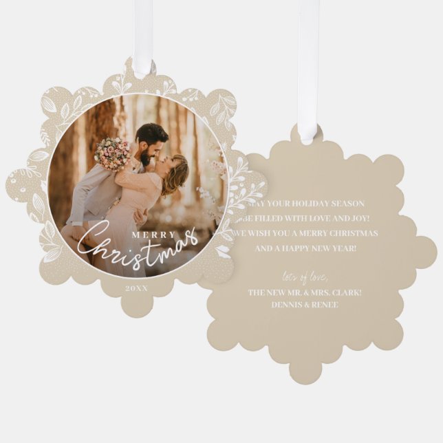 Neuer Weihnachtsmann und Foto über Elfenbeinpapier Ornament Karte (Vorderseite/Rückseite)