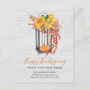 Neuer Zuhause bewegter Erntedank Floral Pumpkin Mo Feiertagspostkarte