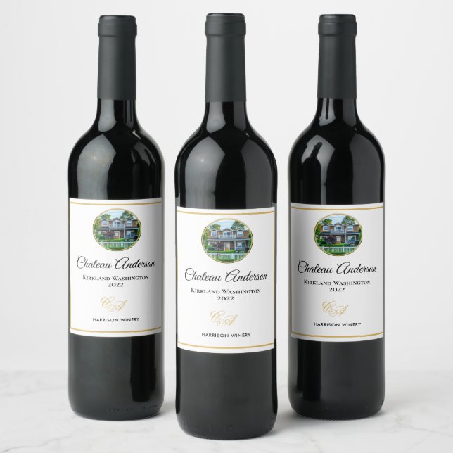 Neuer Zuhause Foto Chateau Nachname Monogram Wine  Weinetikett (Flaschen)