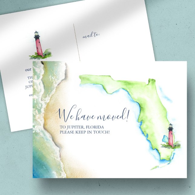 Neuer Zuhause Jupiter Florida Staat Moving Ankündi Postkarte (New home Florida state moving announcements watercolor map and lighthouse art Victoria Grigaliunas)