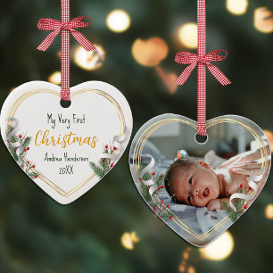 Neues Baby 1. Weihnachts Holly & Pine Gold Frame F Keramik Ornament