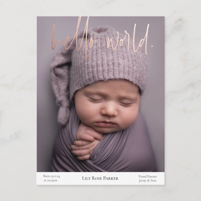 Neues Baby Birth Announcement Foil Postcard Postkarte (Vorderseite)