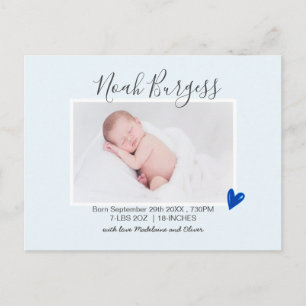 Neues Baby Blue Heart Birth Ankündigung Foto Postkarte