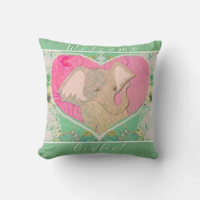 Neues Baby Elephant Green Pink Kissen (Vorderseite)