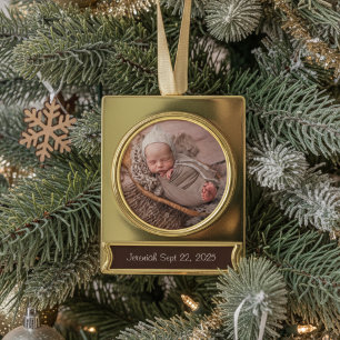 Neues Baby-Foto-Andenken Name Datum Weihnachten Banner-Ornament Gold