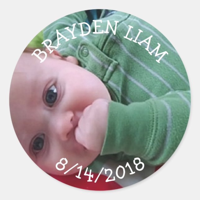 Neues Baby-Foto, Geburtsdatum Name Junge Ankündigu Runder Aufkleber (Vorderseite)