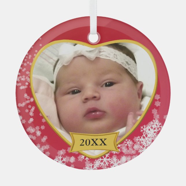 Neues Baby Foto Keepake Snowy Red Ornament Aus Glas (Vorderseite)