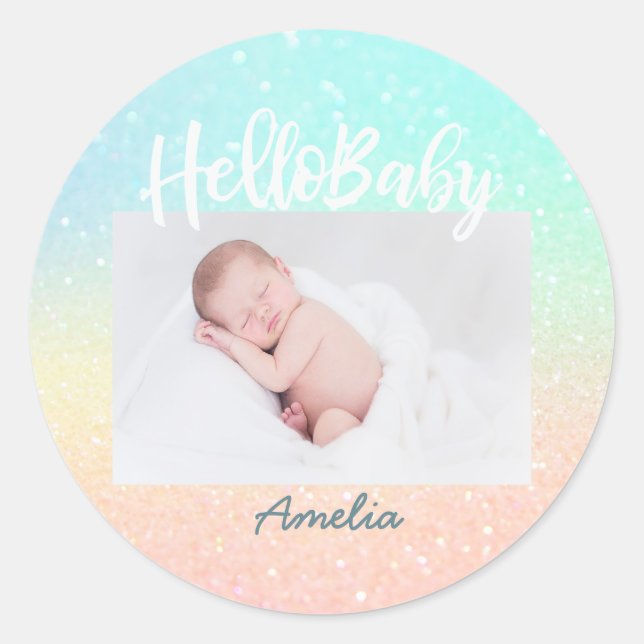 Neues Baby Foto Moderner Rainbow Glitzer Runder Aufkleber (Vorderseite)