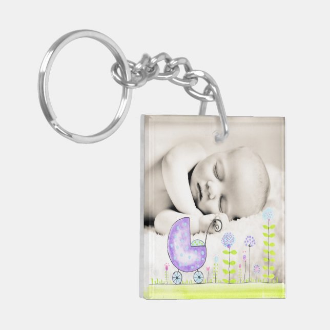 Neues Baby Fügen Sie Ihr eigenes Foto doppelseitig Schlüsselanhänger (Vorderseite links)