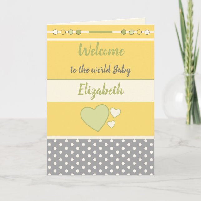 Neues Baby gelb grün grau mit Namen Begrüßung Karte (Vorderseite)