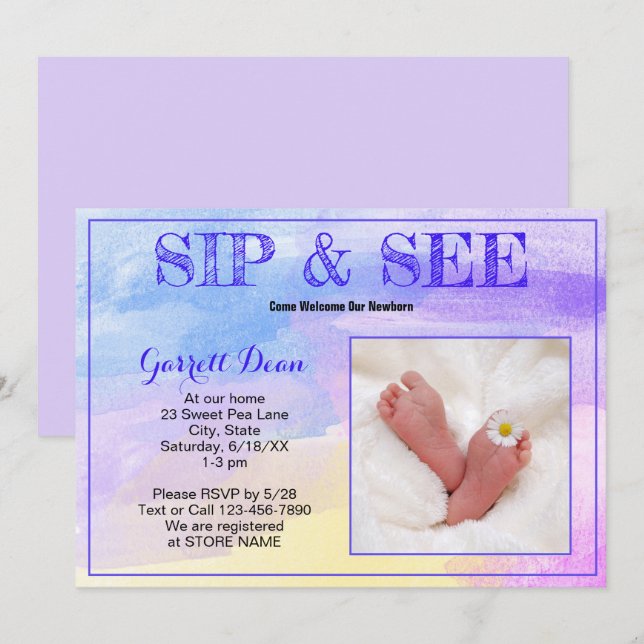 Neues Baby im Lila Foto "Sip and See" Einladung (Vorne/Hinten)