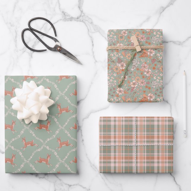 Neues Baby - Leaping Fawn in Mint and Peach Geschenkpapier Set (Vorderseite)