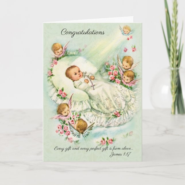 Neues Baby Mädchen mit Engeln, Kreuz, Rosa Rosen Karte (Vorderseite)