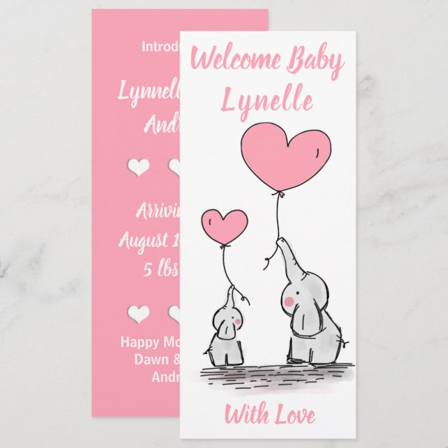 Neues Baby, Niedliche Baby Elefanten mit rosa Herz Ankündigung (Vorne/Hinten)