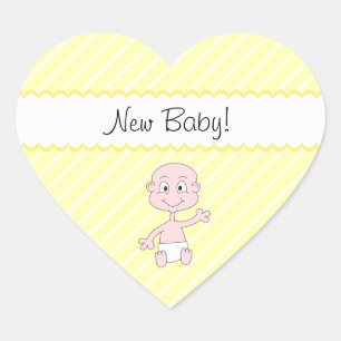 Neues Baby! Niedliches Baby winkt. Auf gelben Stre Herz-Aufkleber