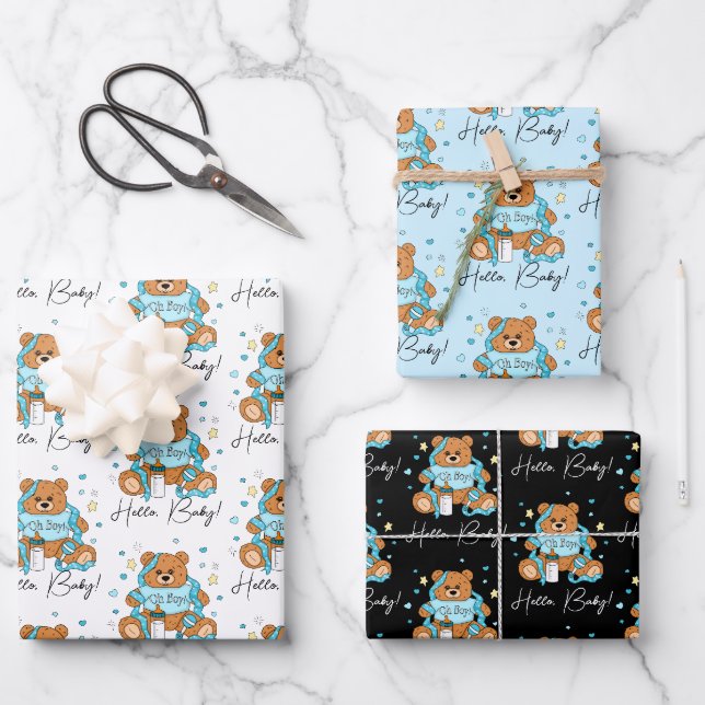 Neues Baby oder Baby Dusche Blue Teddy Bear Geschenkpapier Set (Vorderseite)