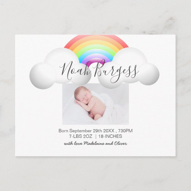 Neues Baby Rainbow Birit Ankündigung Foto Postkarte (Vorderseite)