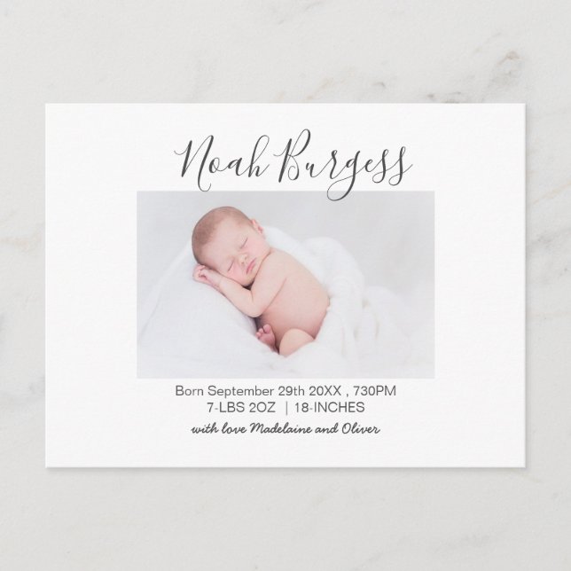 Neues Baby Simple Birning Announcement Foto Postkarte (Vorderseite)