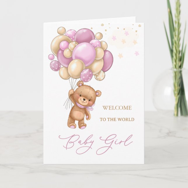 Neues Baby Willkommen in den Bärenrosa-Balloons de Karte (Vorderseite)