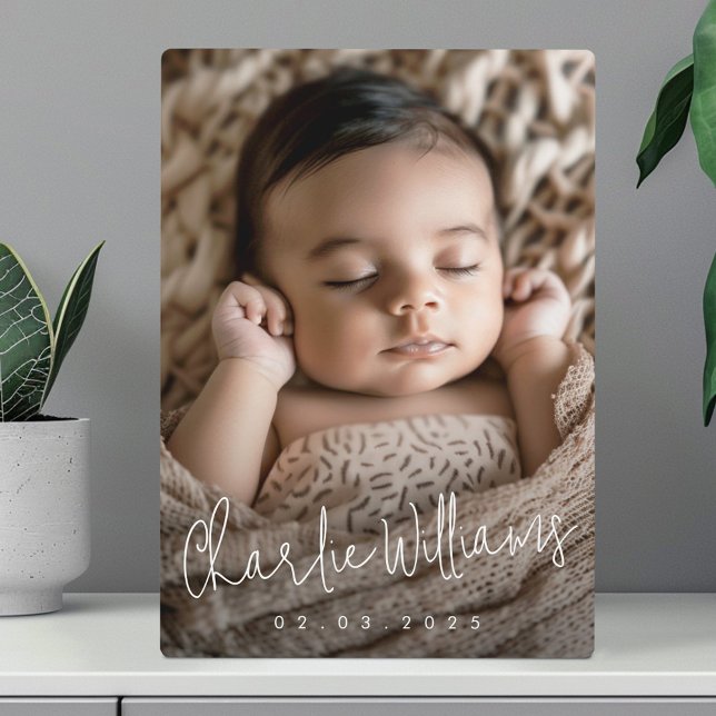Neues Drehbuch Foto für den neuen Babynamen Fotoplatte (Modern script new baby name date photo plaque)