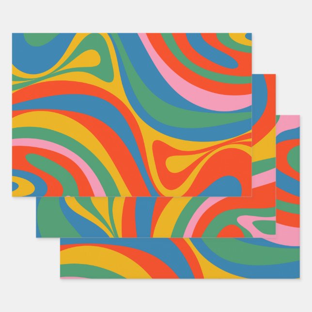 Neues Groove Retro Trippy Abstraktes Muster Geschenkpapier Set (Set)