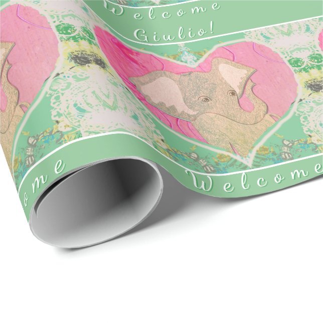 Neues grünes, rosa Wrapping Paper für Baby Elephan Geschenkpapier (Rolleneckpunkt)