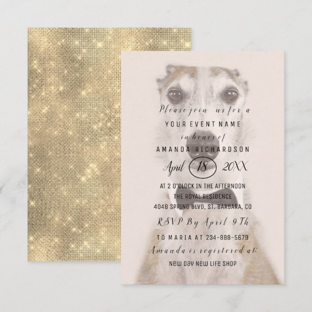 Neues Hunde Foto Gold Sepia Spark Einladung (Vorne/Hinten)