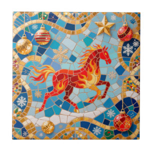 Neues Jahr 2026 Red Fiery Horse Weihnachtsmuster Fliese