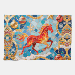 Neues Jahr 2026 Red Fiery Horse Weihnachtsmuster Geschirrtuch