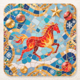 Neues Jahr 2026 Red Fiery Horse Weihnachtsmuster Rechteckiger Pappuntersetzer