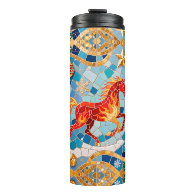 Neues Jahr 2026 Red Fiery Horse Weihnachtsmuster Thermosbecher (Vorderseite)