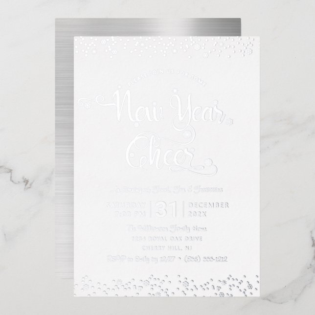 Neues Jahr Chefskript Party Chic White Real Silver Folieneinladung (Vorderseite/Rückseite)