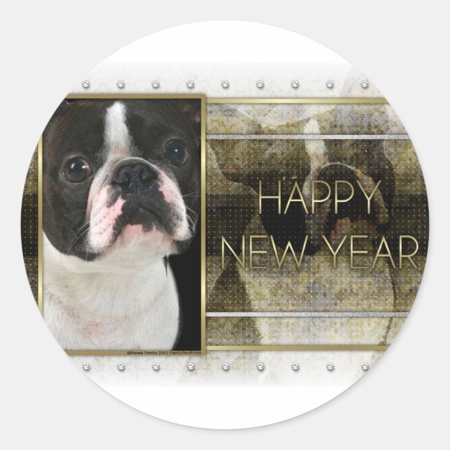 Neues Jahr - Goldene Eleganz - Boston Terrier Runder Aufkleber (Vorderseite)